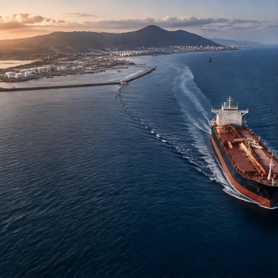 Product tanker following a coastal shipping route toward an African port