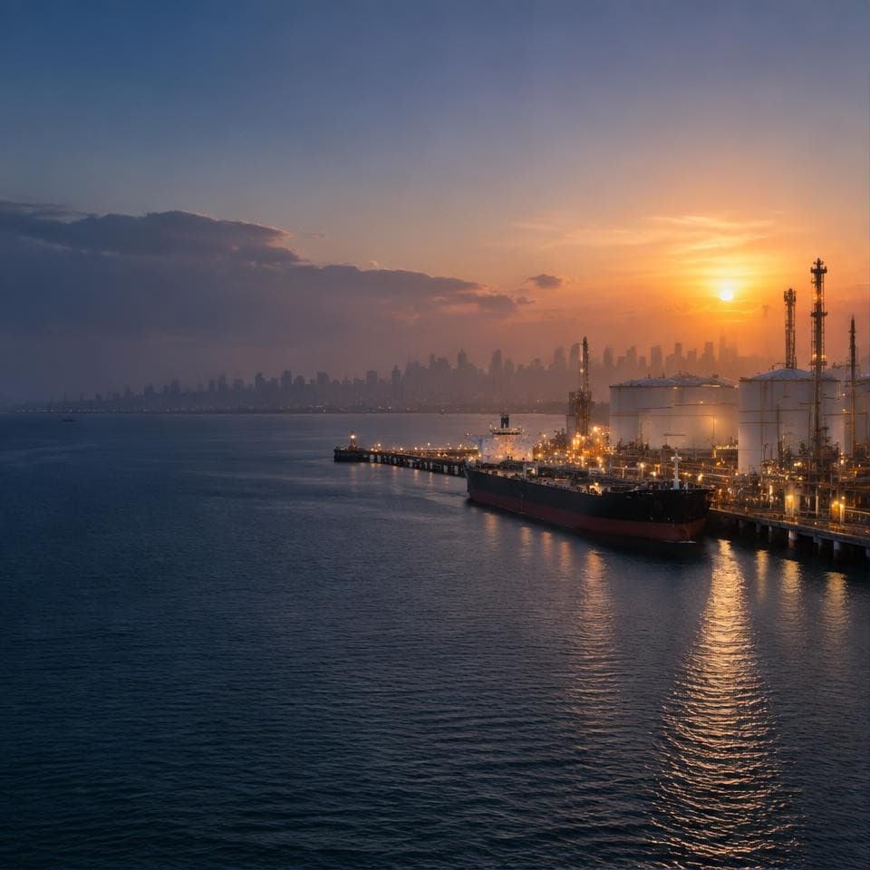 Petroleum tanker moored at a coastal energy terminal at sunrise