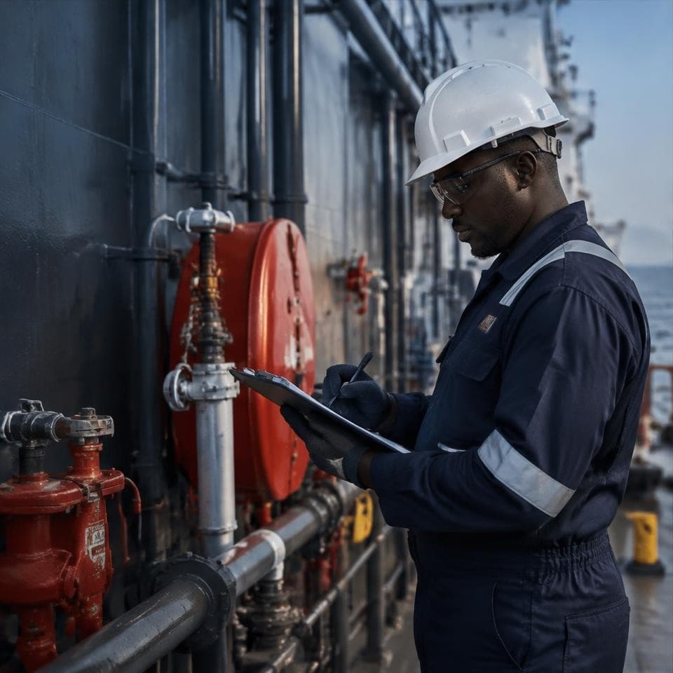 Marine surveyor inspecting safety equipment aboard a petroleum tanker