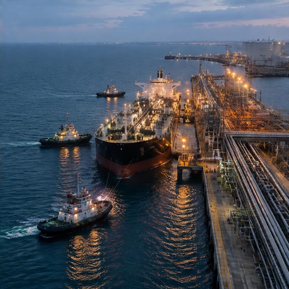 Product tanker and tugboats coordinating operations at a petroleum terminal