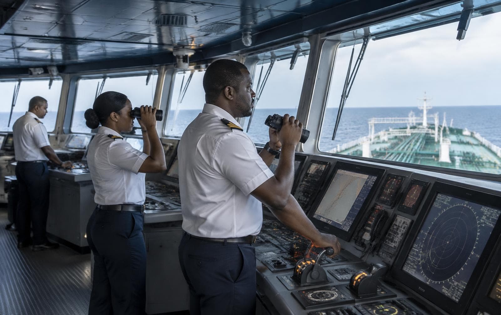 Marine officers coordinating a tanker voyage from the bridge